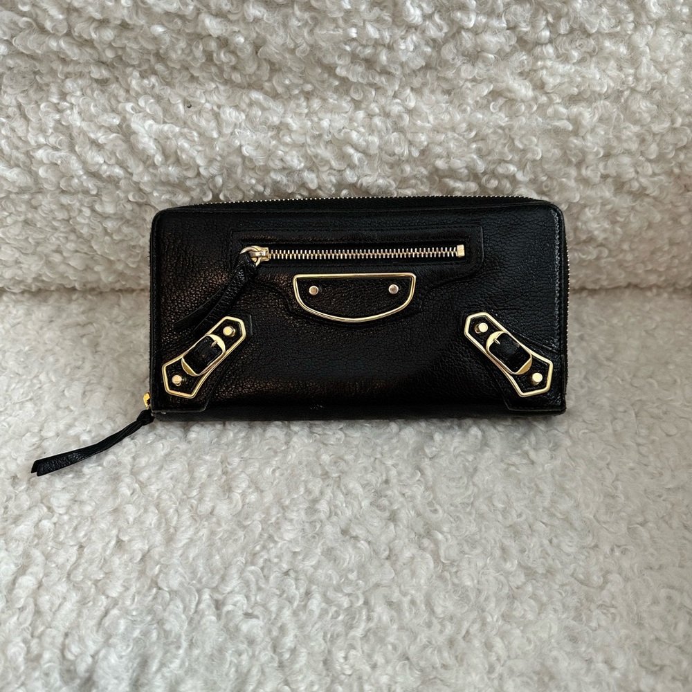 Balenciaga Black Leather Motocross Zippy Wallet Metallic Gold Edges